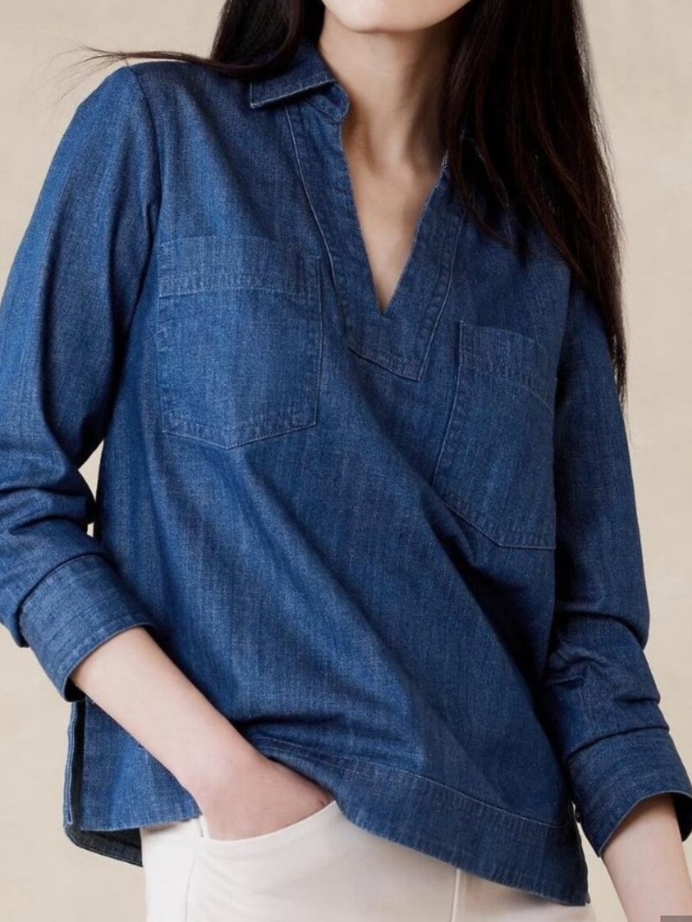 NWT’s Banana Republic V-Neck, Johnny Collar Denim Top Tab Slit Front Pkts Size S